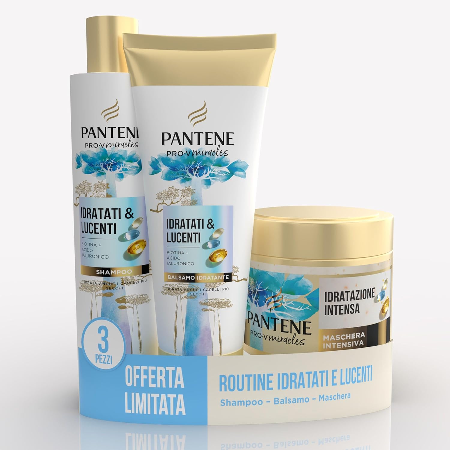 Pantene Pro-V Miracles Idratati & Lucenti Set Regalo per Capelli: 1x Shampoo 250ml, 1x Balsamo 160ml, 1x Maschera 300ml, Trasforma Capelli Secchi e Danneggiati in Morbidi e Lucenti