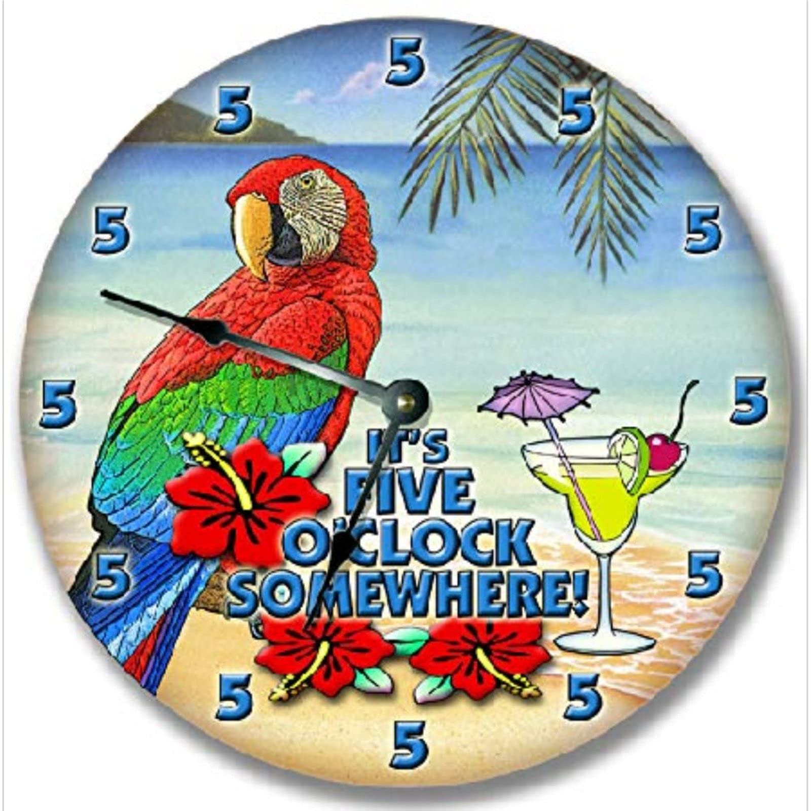351 Wall Clock 451 Round Home Clock 5 O'clock Somewhere - Beach Parrot Martini Decorative Clock Non-Ticking Wall Clock Modern Kitchen Clock For Dining Room School Bedroom