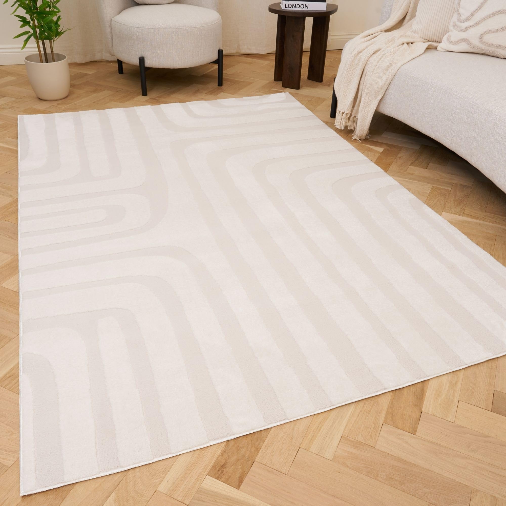 THE RUGS Loft Curved Line Living Room Area Rug & Runners Soft Pile in Ivory | Size: 80cm x 150cm