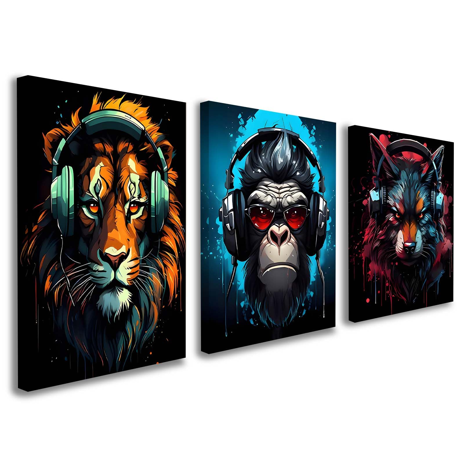 Set of 3 Framed Canvas Wall Art 12x16 Inch Each Music Animal Artwork Lion Gorilla Wolf Modern Wall Canvas Pictures for Living Room Bedroom Gaming Room Wall Decoration Prints with Hooks and Magic Tape