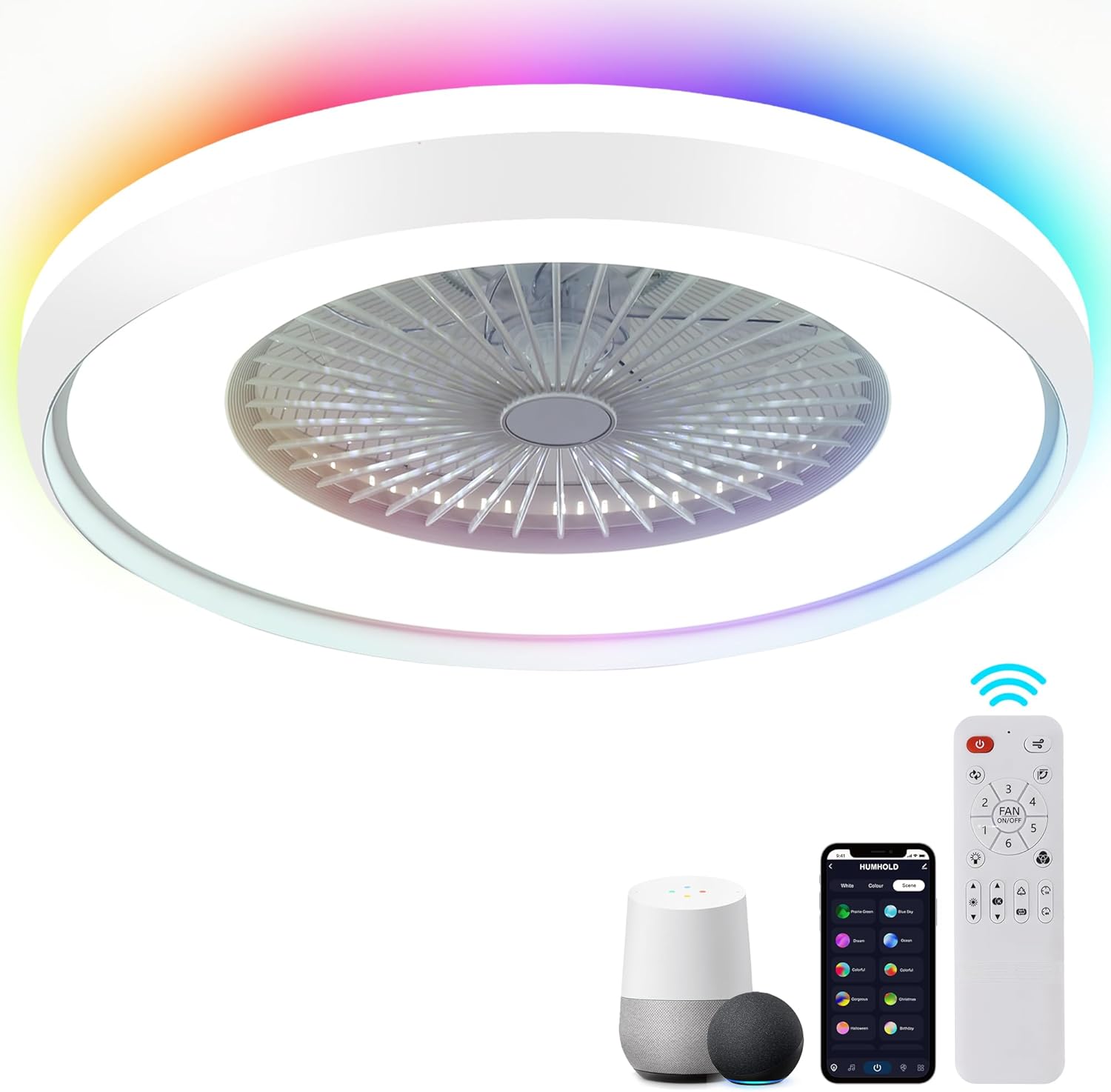 24" Bladeless Ceiling Fan with RGB Light Remote, Smart LED Ceiling Fans with Voice/App Control, Modern Low Profile Dimmable Light Ceiling Fan for Bedroom Living Room White & RGB