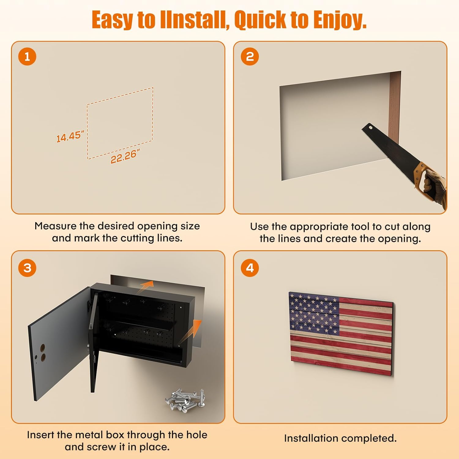 in-Wall Gun Safe with Key Lock, Between Studs Wall Cabinet Fits 24-Inch Stud Spacing, Magnetic Hooks & Removable Shelf, Anti-Theft Locking Rod, American Flag Concealed Storage