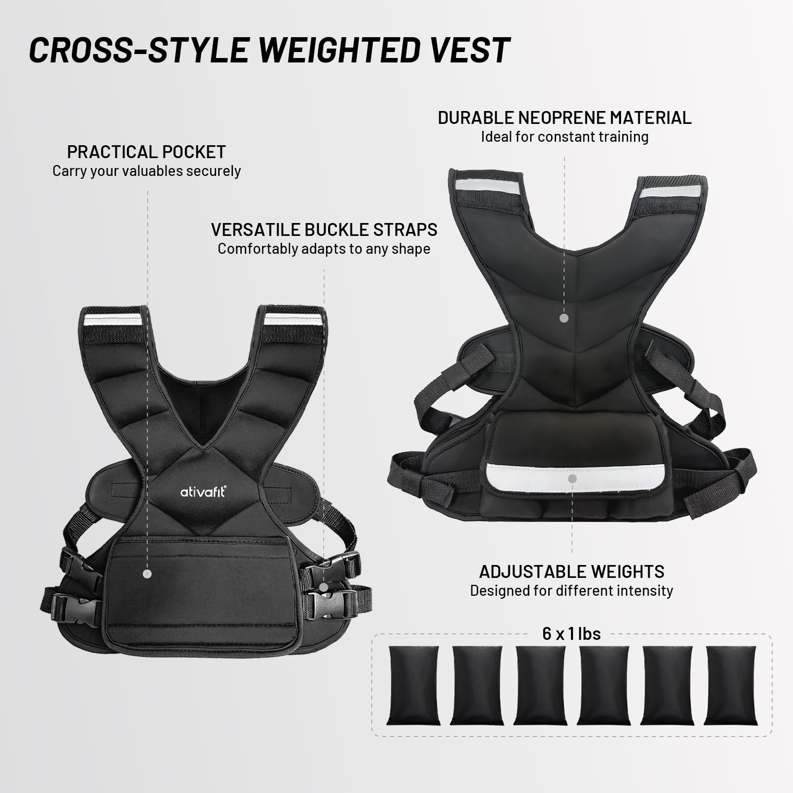 Chaleco ponderado ajustable ATIVAFIT para hombre y mujer, 4,5–7,5 kg. Peso regulable, con bolsillo, bandas reflectantes y correas ajustables. Ideal para entrenamiento, footing y cardio.