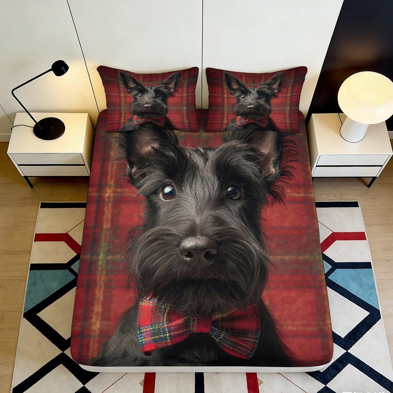 3D Printed Scottish Terrier Dog Fitted Sheet Microfiber Red Plaid Bed Cover for Bedroom Guest Room Decor Mattress Protection 90x200x25cm