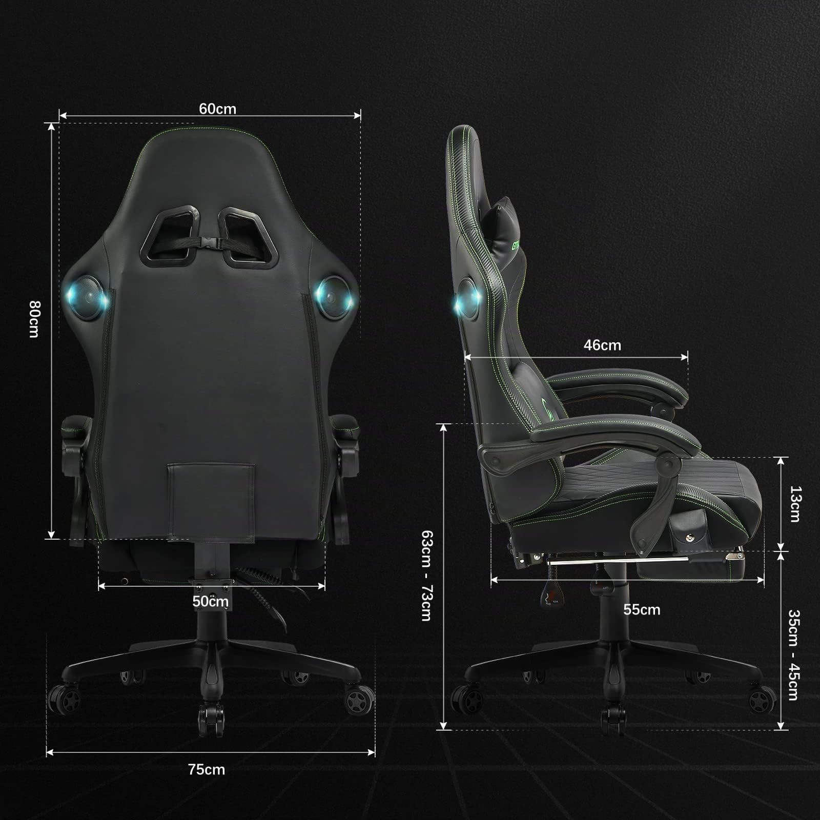 GTPLAYER Silla de Juego, ergonómica, para Gamer, con reposapiés, Altavoz, música, Carga máxima: 150 kg, Negro/Verde