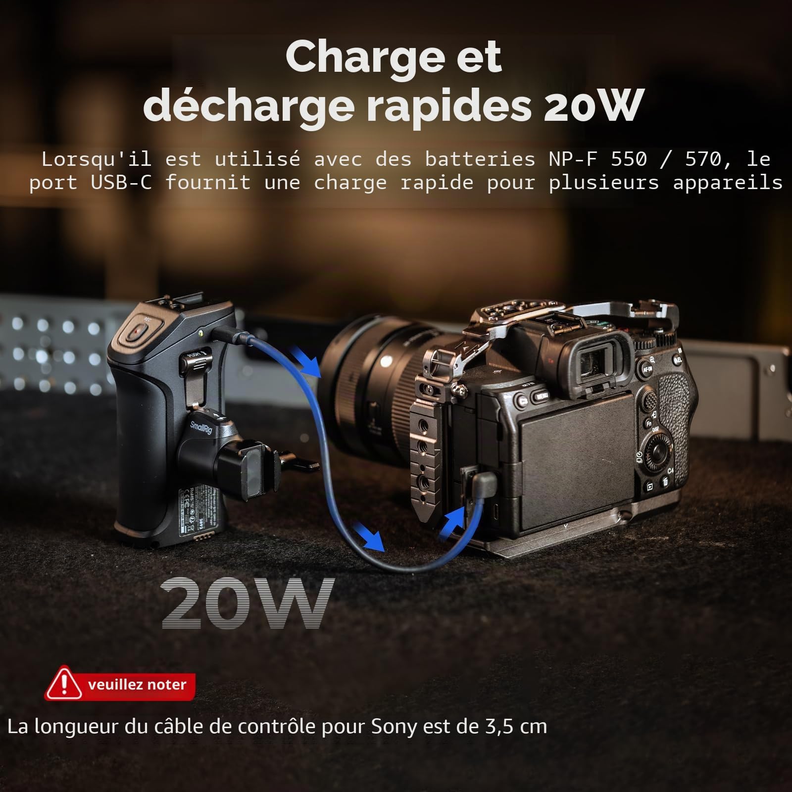 SMALLRIG Poignée latérale pivotante avec déclencheur Rec pour Certains appareils Photo sans Miroir, pour Sony Alpha 7 IV/Alpha 7R V / A7 III / FX3 / Alpha 9, Compatible avec Batterie F550/570-3893