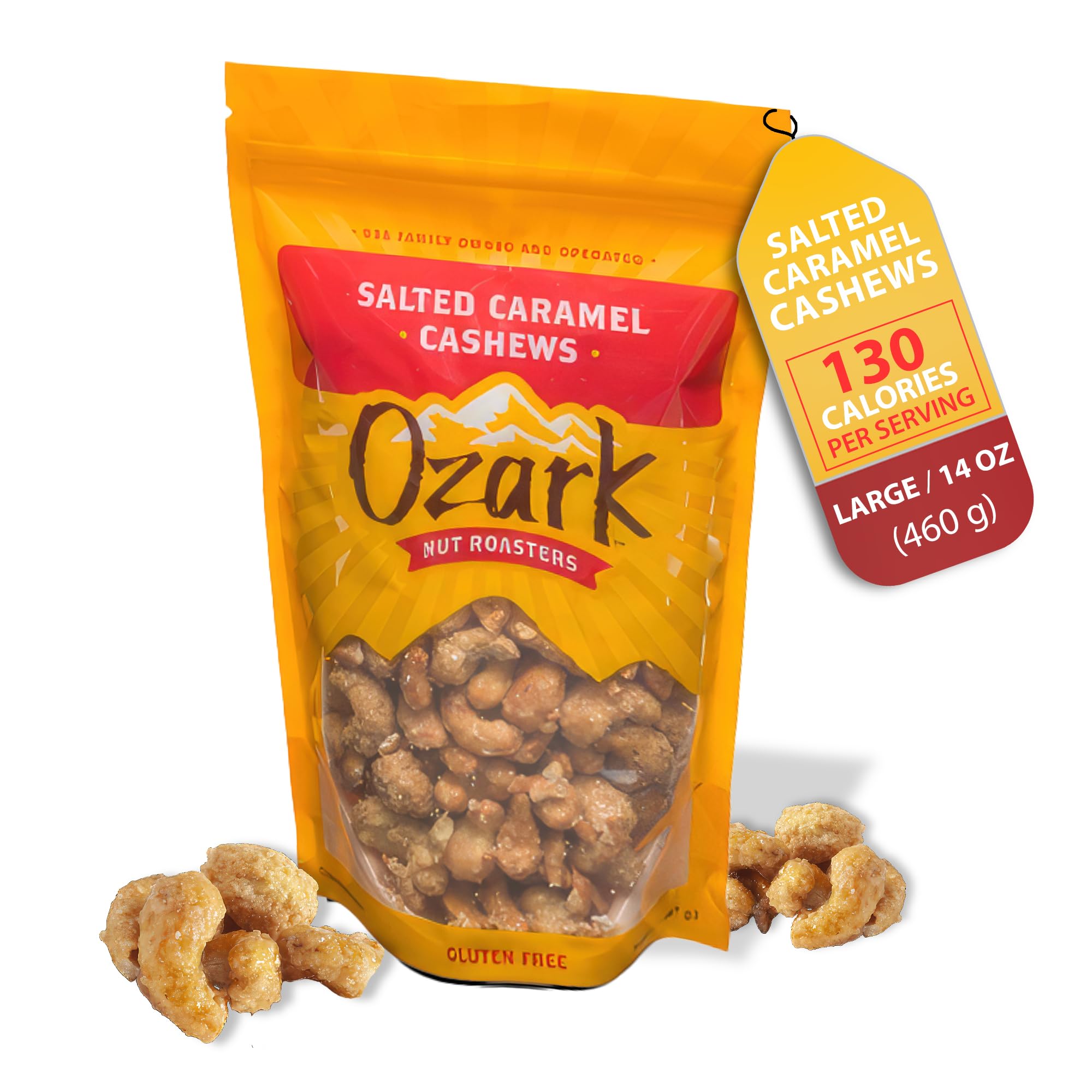OZARK NUT ROASTERS, Salted Caramel Cashews, Flavored Snack Nuts, Gluten-Free Gourmet Candied Cashews, Blend of Sugar, Sea Salt & Caramel (14 oz)