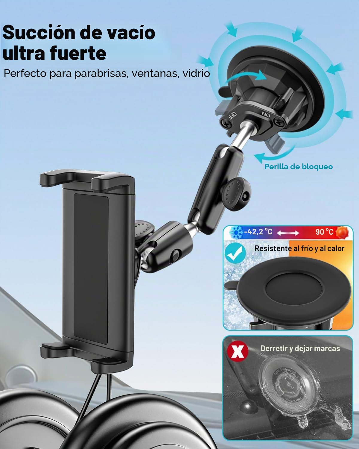 Soporte Tablet Tractor, Soporte Tablet para Tractor Parabrisas [Potente Ventosa], 360° Ajustable Brazo Metálico Porta Ventosa Tractor para iPad Pro Air Mini, Galaxy Tab, iPhone, 4-13" Tableta
