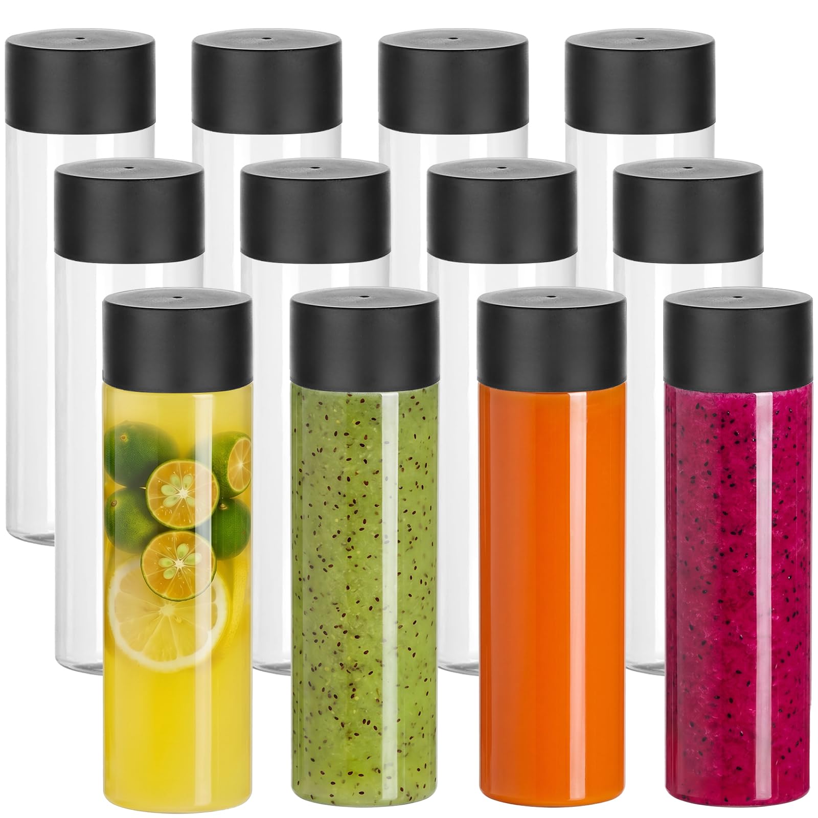 Maridergo 12PCS Clear PET Plastic Juice Bottles with Lids, 13.6 OZ (400ML) Reusable Juicing Bottles, Smoothie Drink Bottles Clear Drink Containers for Juicing, Smoothie and Other Beverages ﻿
