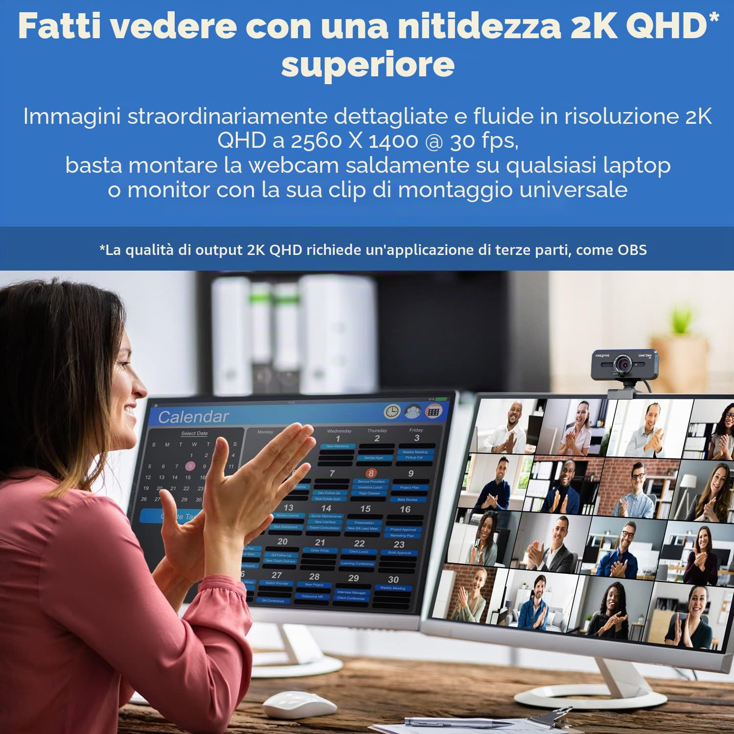 Creative Live E!Cam Sync V3 2K QHD Webcam USB con zoom digitale 4X (4 modalità zoom da grandangolo a stretto ritratto), obiettivo privacy, 2 microfoni per PC e Mac