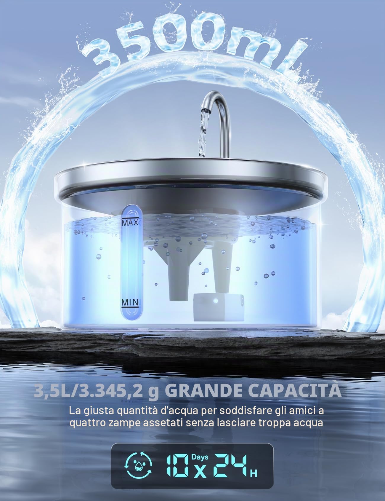 Fontanella Per Gatti In Acciaio Inox FEELNEEDY - Fontana 3,5L, Ultra Silenziosa, Filtrazione a 3 Stadi, Include 6 Set Filtri + Alimentatore USB
