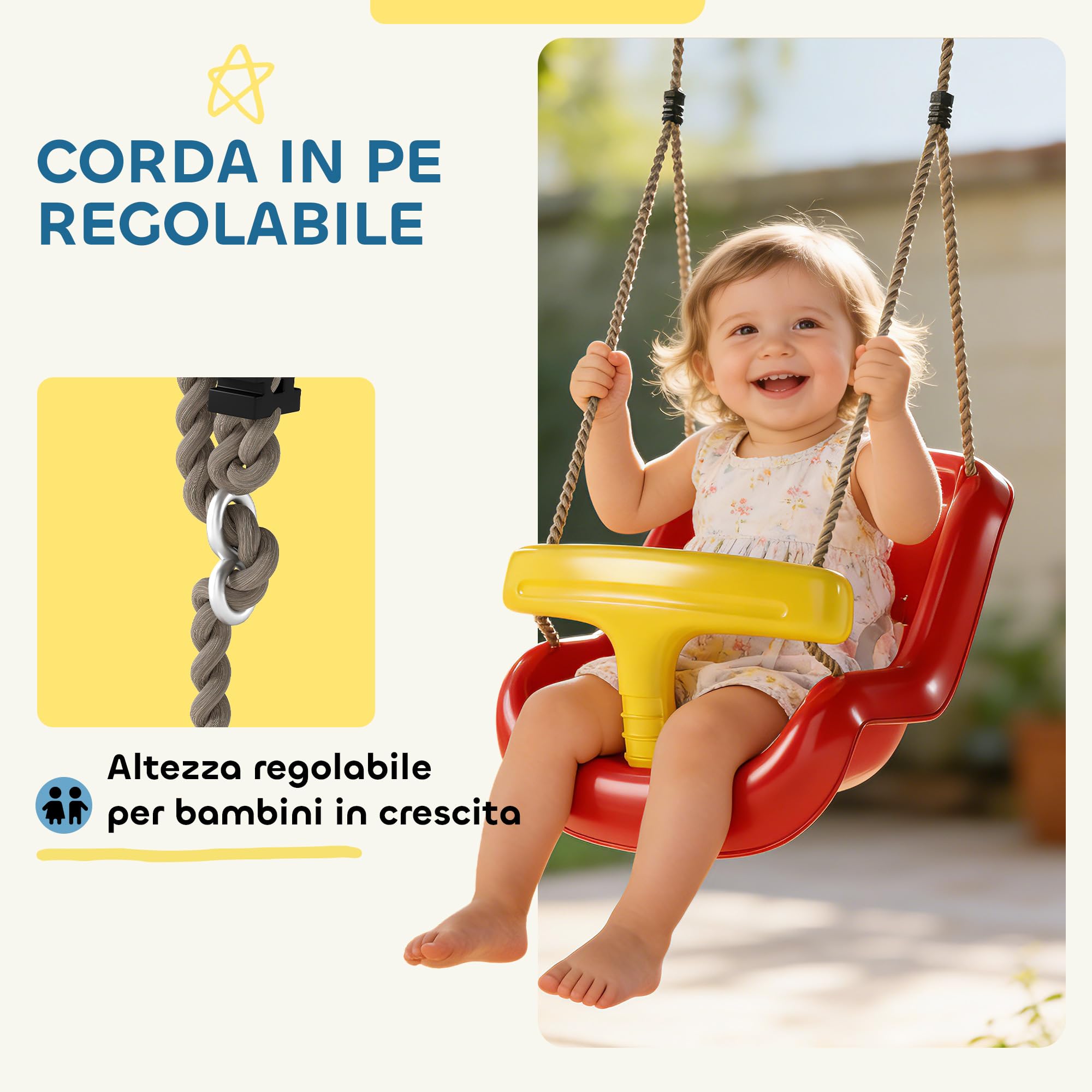 AIYAPLAY Altalena per Bambini da Interno ed Esterno, Altalena da Giardino per Neonati e Bimbi 9-36 Mesi, Corda Regolabile e Cintura di Sicurezza