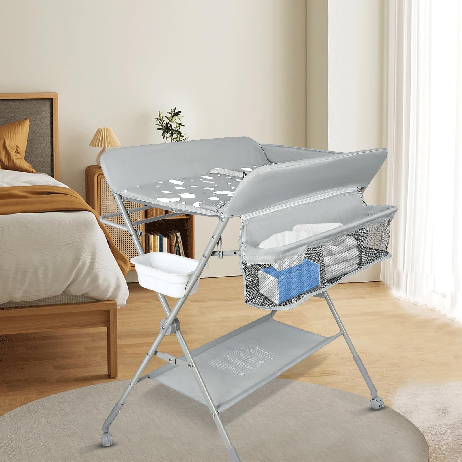 Cambiador Bebé, Cambiador Plegable Bebe, Tela Impermeable y Fácil de Limpiar, Cambiador Bebe Gran Espacio de Almacenaje, Tela Oxford, 4 Ruedas con Freno-80 * 58 * 90cm-gris claro