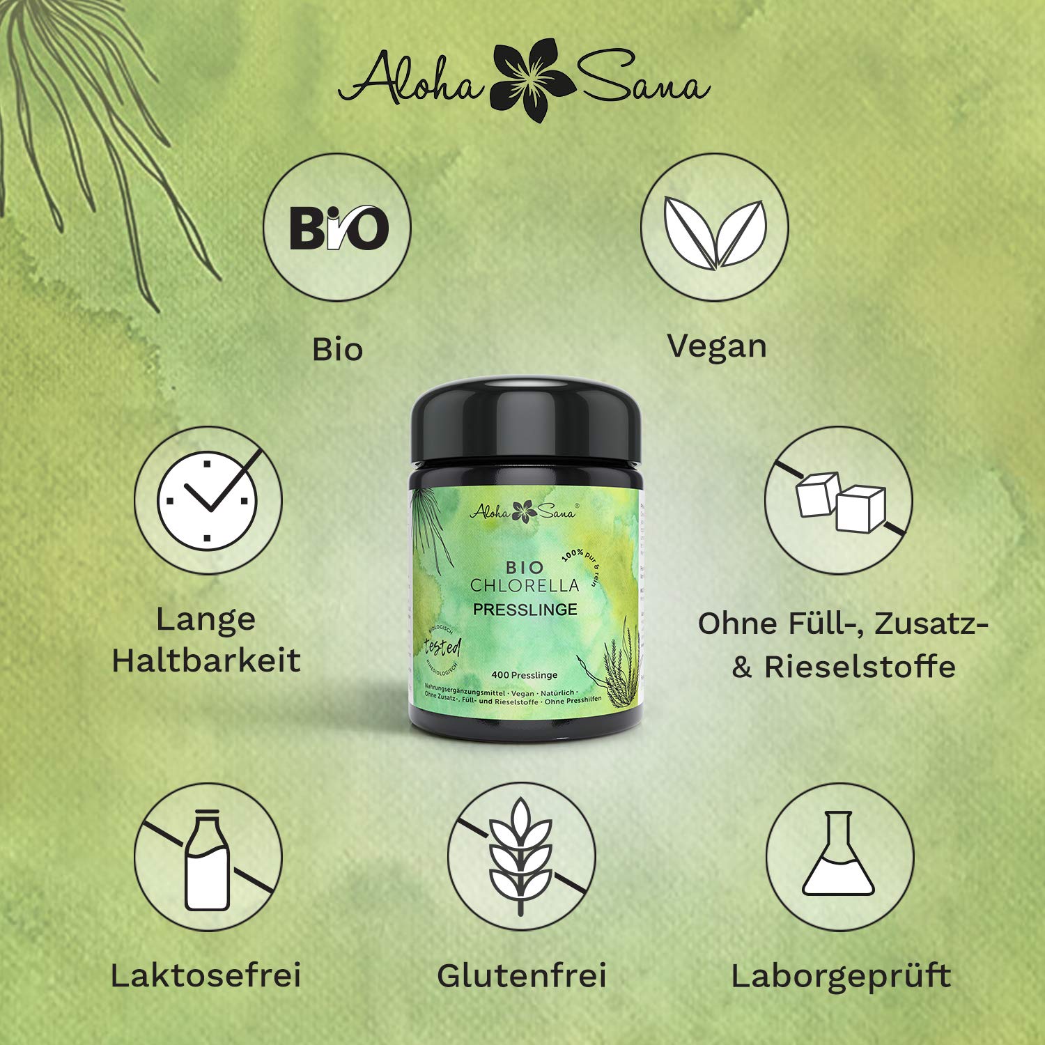 Aloha Sana | Chlorella BIO Presslinge im Ultraviolettglas | 400 Chlorella Tabletten á 400mg | Laborgeprüfte und energetisch getestete Bio Algen | Vegan und ohne Zusatzstoffe