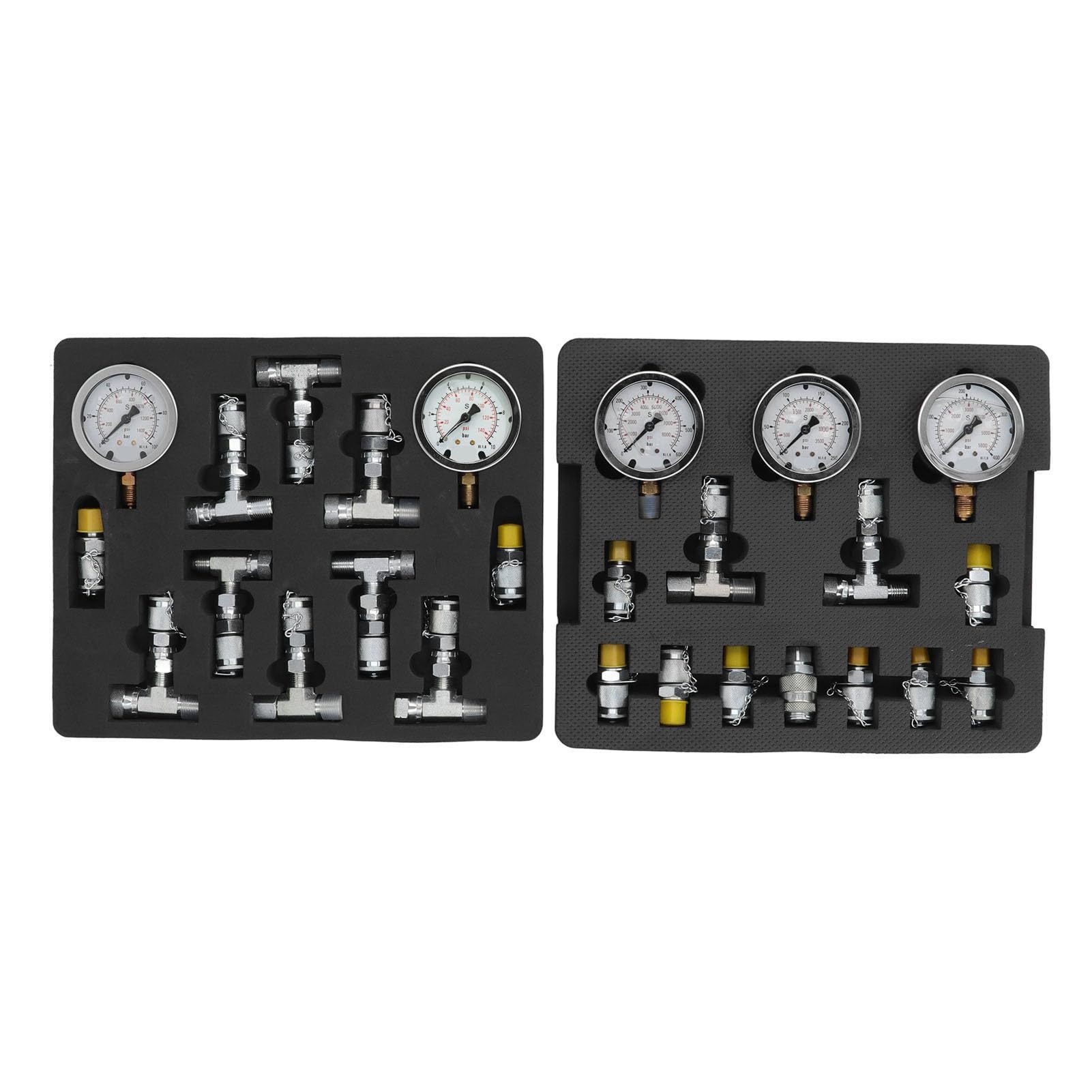 lyrlody Kit de Prueba de Presión Hidráulica Juego de Manómetros de Acero Inoxidable con 5 Manómetros, 3 Mangueras, 11 Acoplamientos, 10 Conectores en T para Pruebas de Presión del Hidráulico de