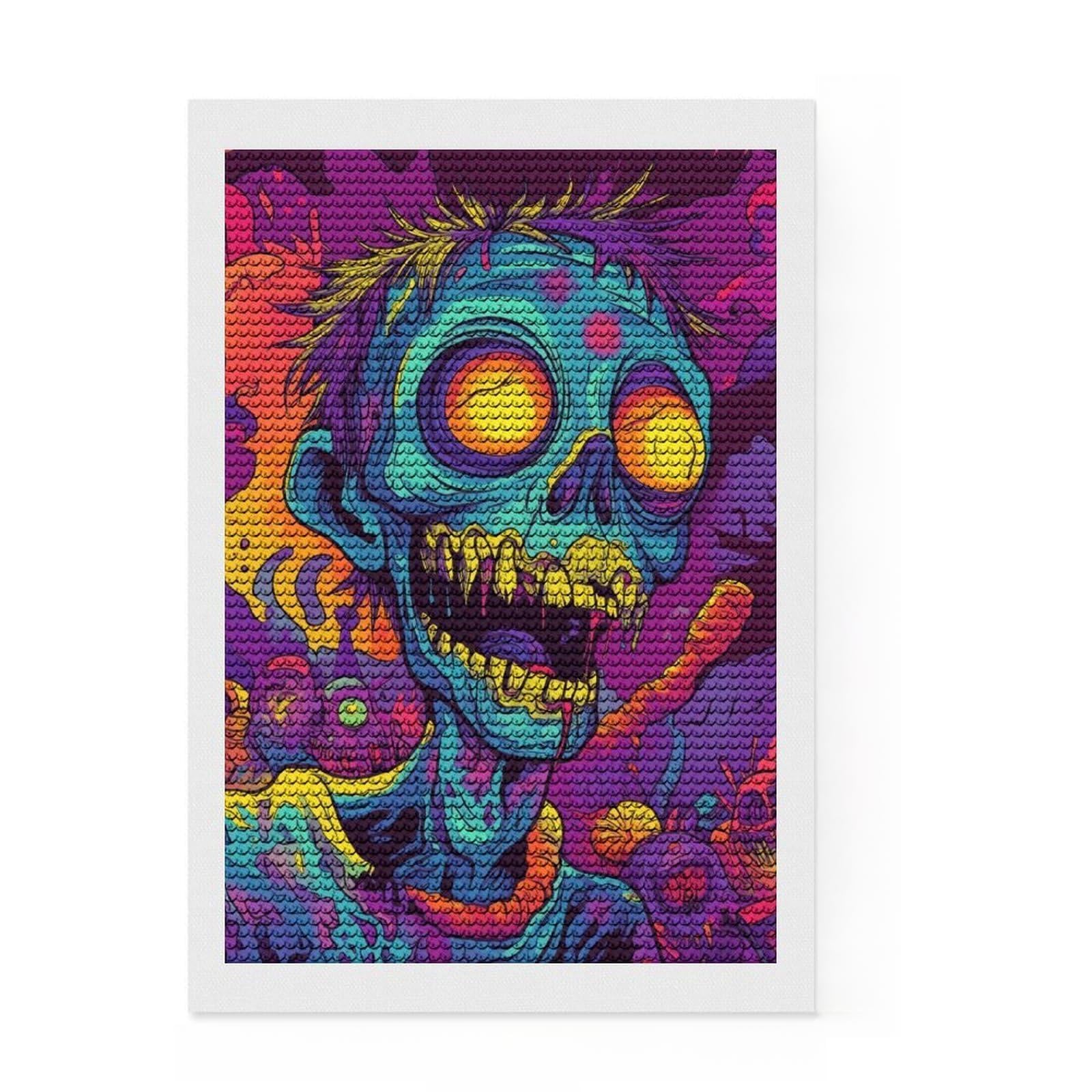 Junmoney Psychedelic Zombie Diamond Painting Kit 8"x12", Printed Canvas, Finish and Display, Bedroom Decor, Holiday Gift Idea, with Tool Kit