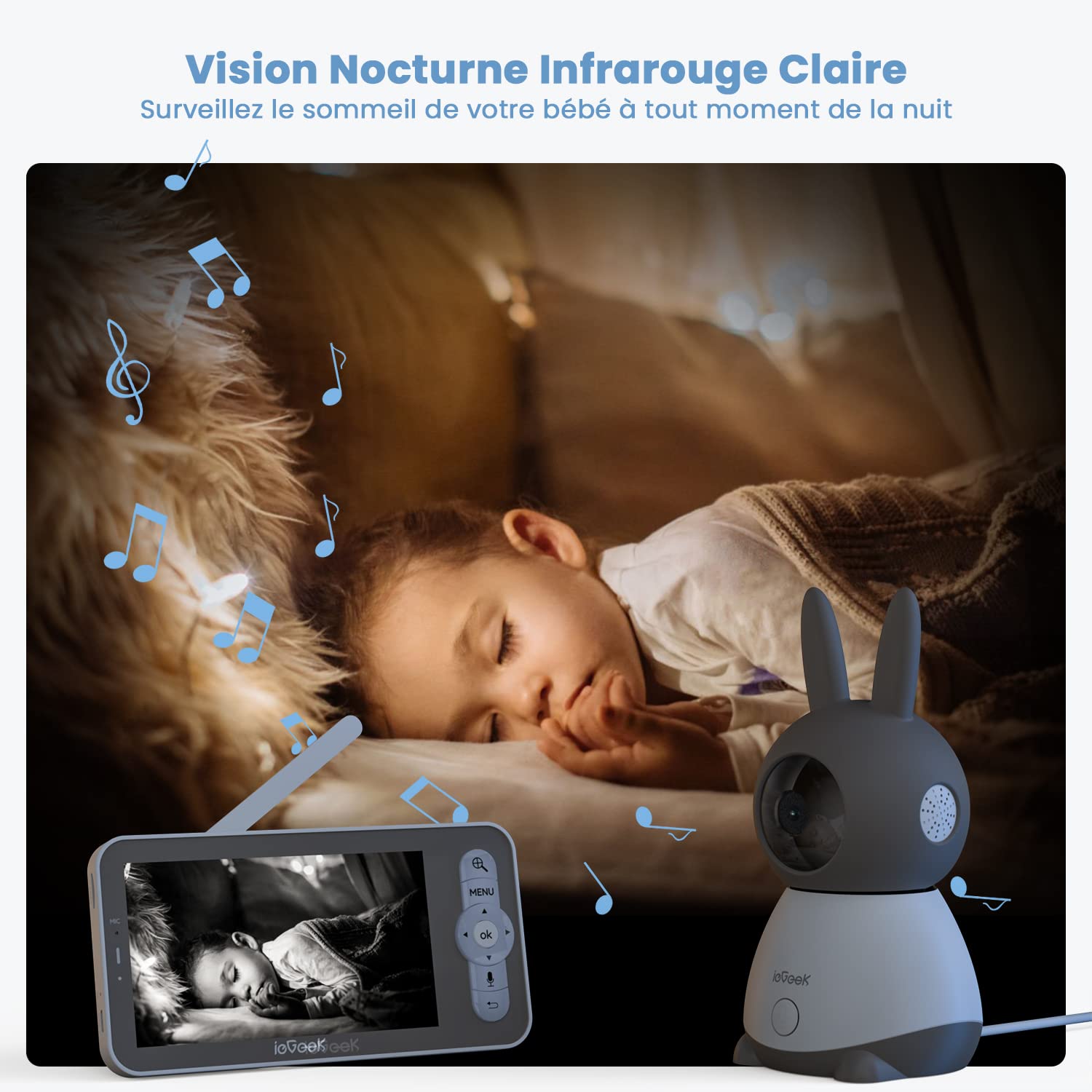 ieGeek Babyphone Vidéo Bébé 5" Écran, 2 Caméras 2K PTZ 360°, APP 2.4GHz & Écran sans WiFi, Détection de Cris & Mouvement, Température Humidité, Vision Nocturne Invisible