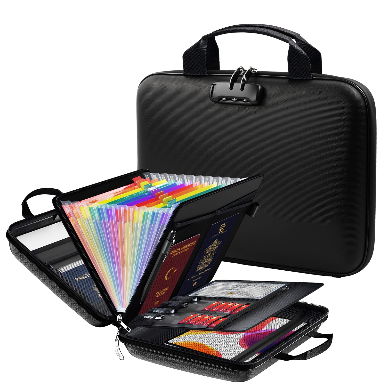 Boîte à Documents Ignifuge avec Serrure, Organisateur de Documents A4 Rigide 13 Compartiments, Porte-Documents pour Documents Importants, Certificats et Passeports, Noir