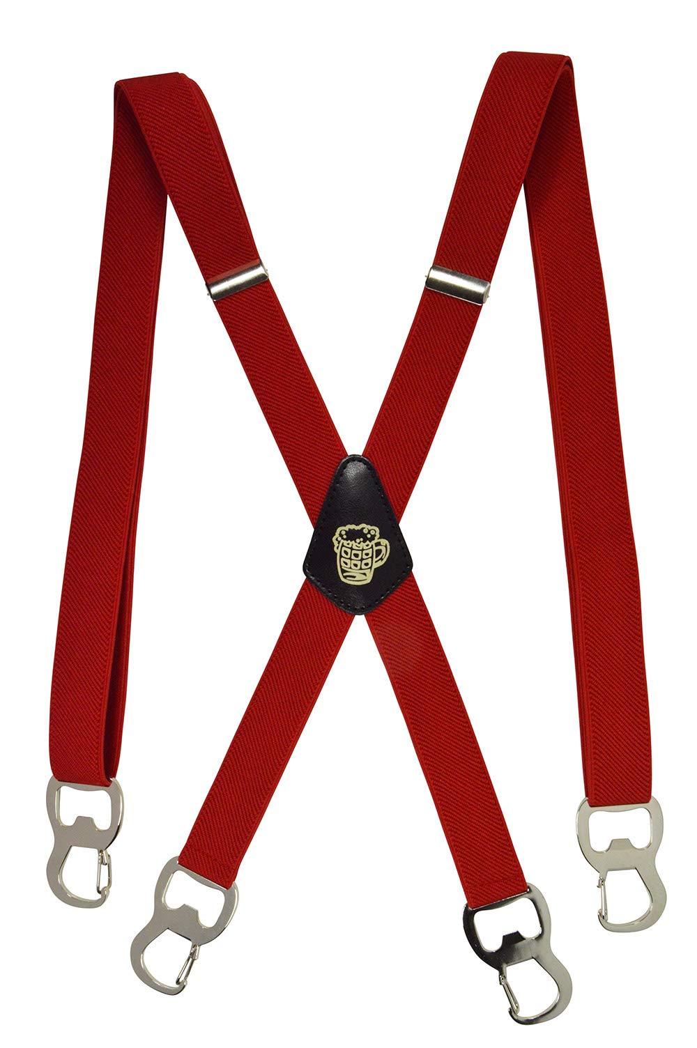 Olata X-Shape Braces/Suspenders with Integrated Beer Bottle Opener and Carabiner Clips - 2.5cm. Red