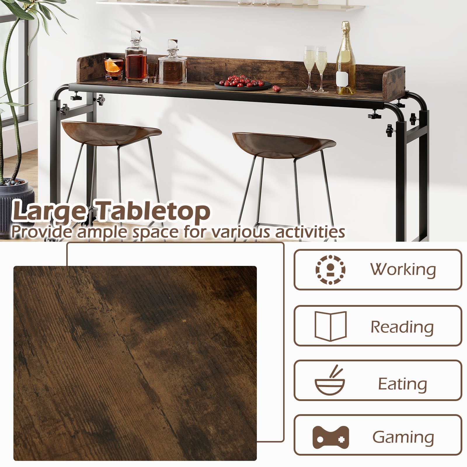 LIFEZEAL Scrivania, Tavolo Sopra Letto per Laptop, PC, con Ruote, 135,5-206x40x73,5-102cm, Max 75kg, Lunghezza e Altezza Regolabili, per Vari Letti, Carrello, Lungo, Stretto, Alto, Multiuso