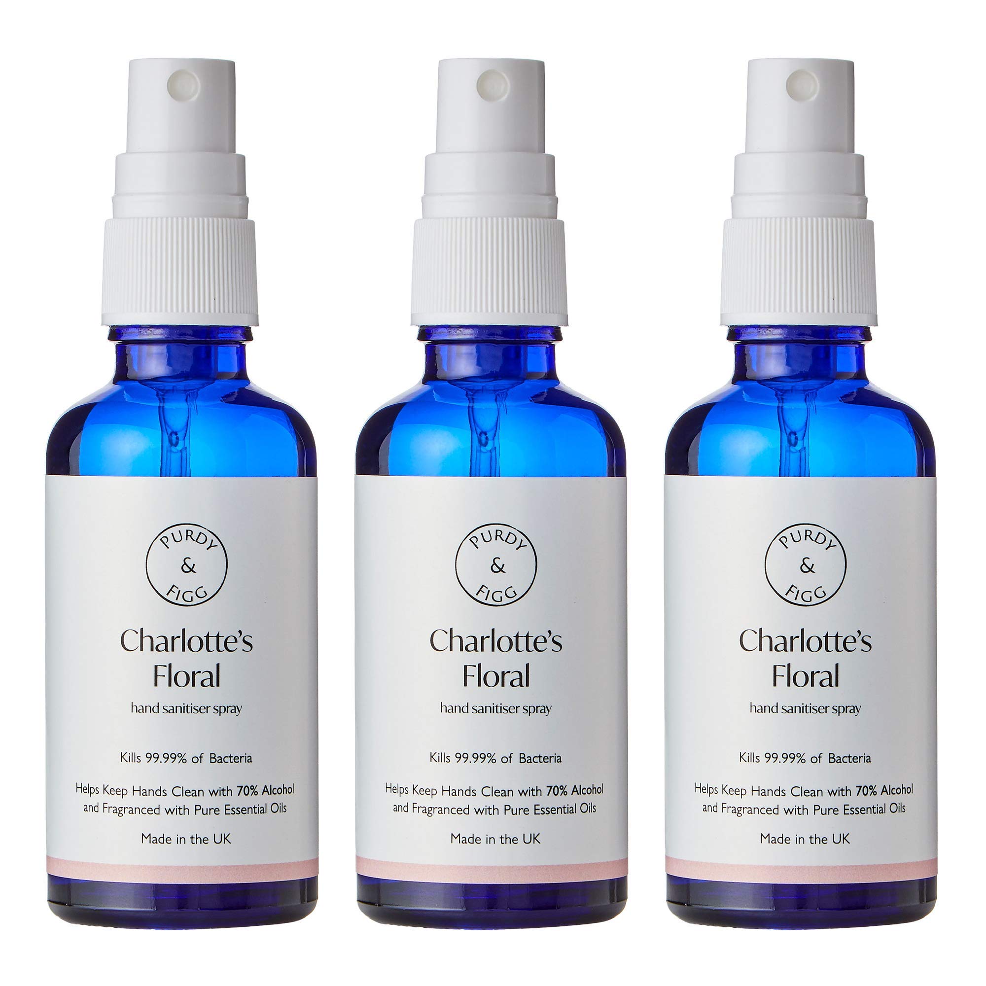 Purdy & Figg Hand Sanitiser Spray | Kills 99.999% of Bacteria, Formulated with 70% Alcohol & Moisturising Pure Essential Oils | Antibacterial, Travel Size - Charlotte's Floral Scent (50ml) - 3 Pack