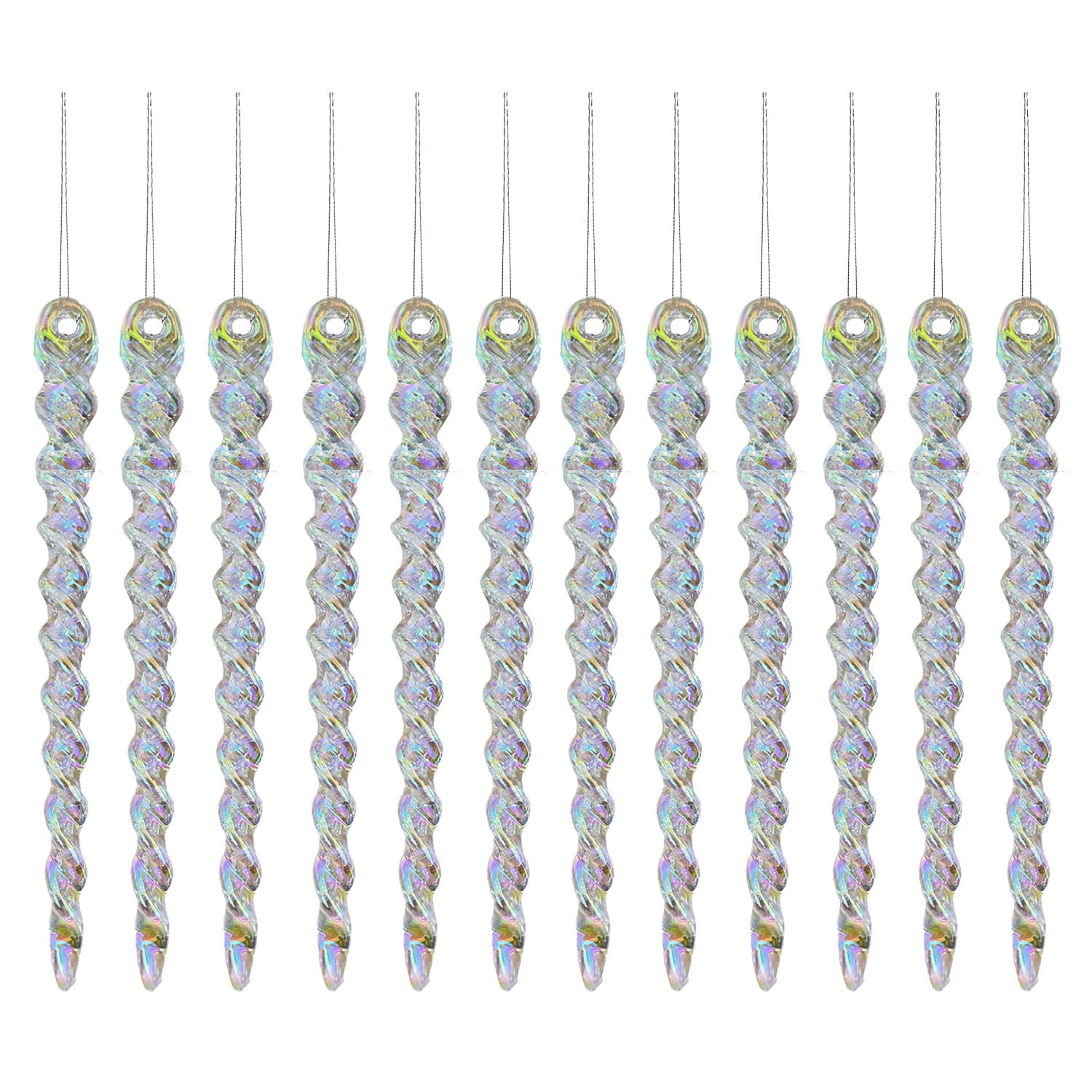 Akh Iridescent Akh® 13Cm / 5" Christmas Hanging Icicles | Icicles Ornaments Bubbles Christmas Tree Decorations | Pack Of 12 | Glitter Baubles Christmas Tree Icicle Decorations Hanging (Iridescent)