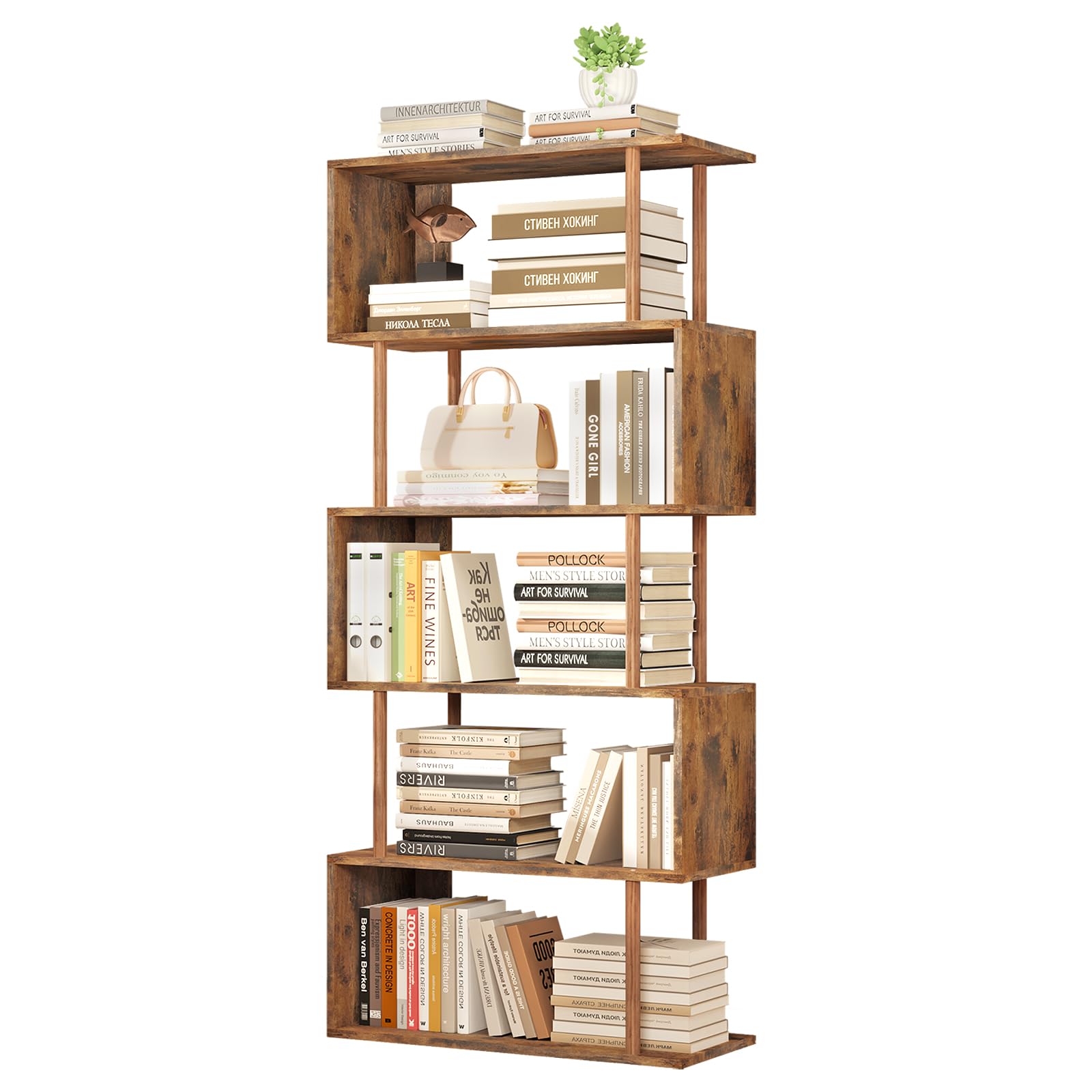 Bibliothèque Géométrique 5 Niveaux En Forme De S - Etagère Industrielle Marron Rustique Pour Petit Espace