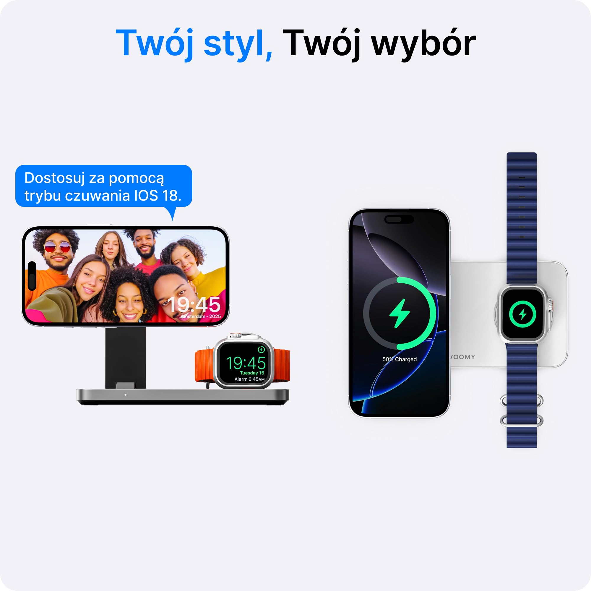 VOOMY Stacja Ładowania Bezprzewodowa 3-w-1 15W – Aluminiowa Ładowarka Składana, Szybkie Ładowanie, Kompatybilna ze Smartfonami, Smartwatchami i Słuchawkami Bezprzewodowymi