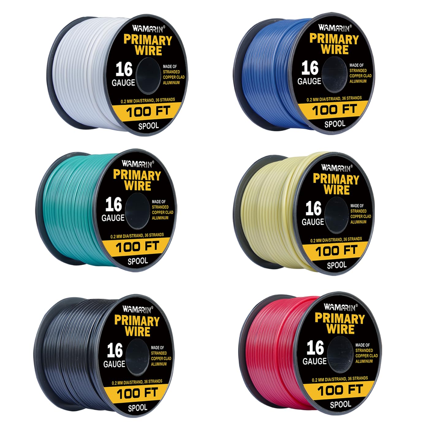 Wamarin 16 Gauge Wire Combo, 6 Colors, 100ft Rolls (600ft Total) - Durable Copper Clad Aluminium, Ideal for Heavy-Duty Auto & Home Projects, Insulated