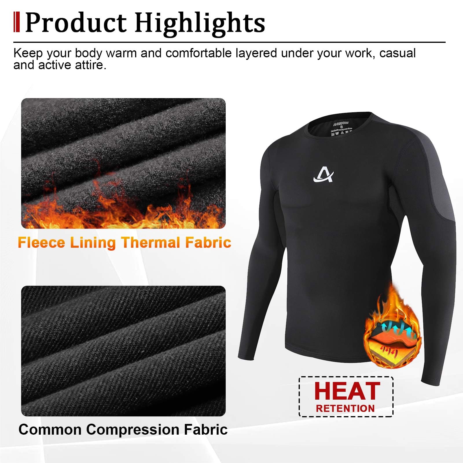 AMZSPORT Camicia a Compressione da Uomo, Maglietta a Maniche Lunghe Cool Dry Layer Fitness Top