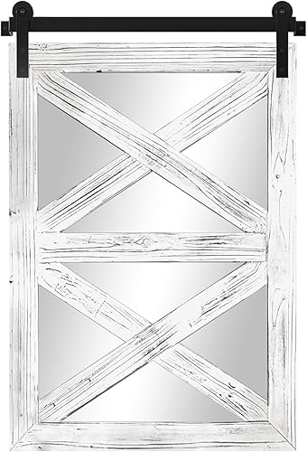 Miniatura 7 de COGOOD Espejo de puerta de granero de granja, 30 x 21 pulgadas, espejo de madera rústica para ventana, decoración de pared para comedor, entrada,