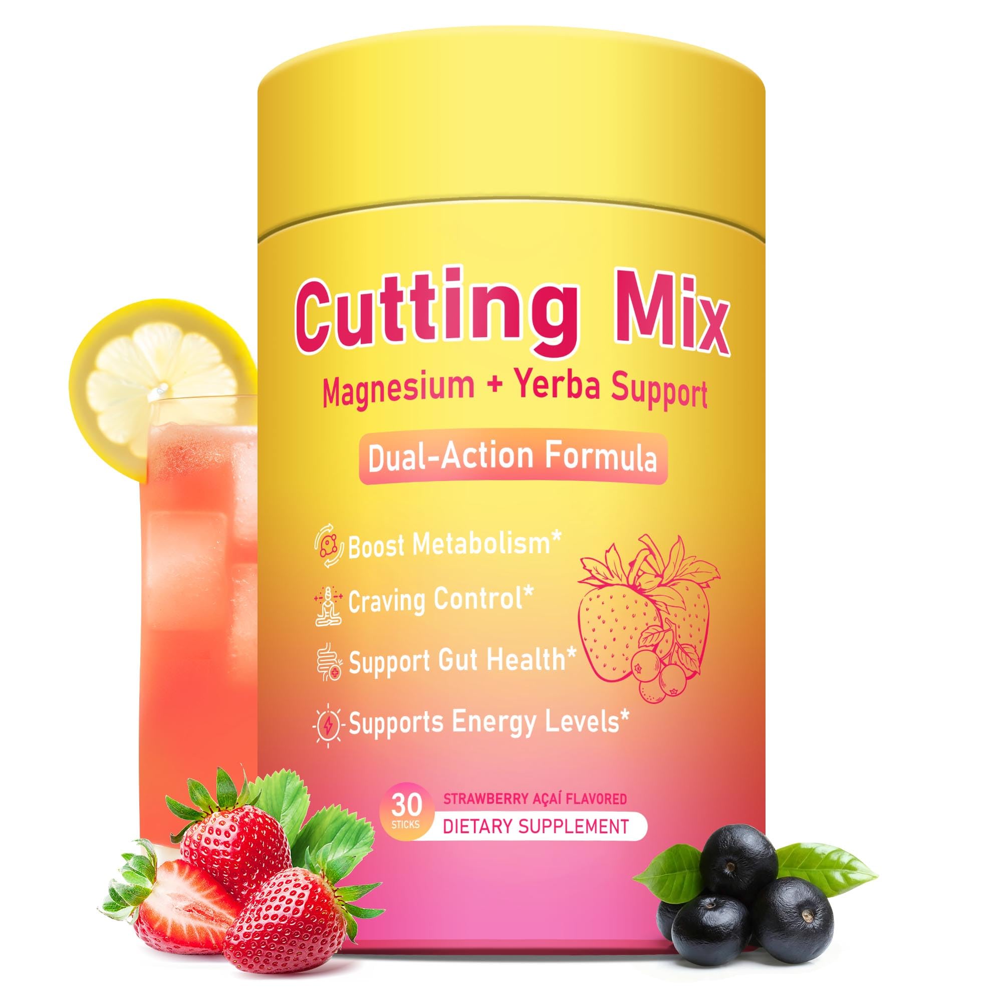 Cutting Drink Mix – Magnesium, Yerba Mate, Berberine, Chromium, FOS & 5-HTP | Supports Satiety Signaling, Energy & Gut Health | Vegan, Sugar-Free, Non-GMO | Strawberry Açaí – 30