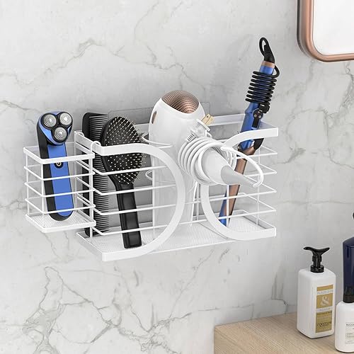 Miniatura 8 de Soporte para secadora de pelo 3 en 1, organizador de herramientas para el cabello, altura ajustable, montado en la pared, puerta de gabinete,