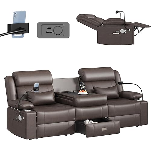 LEVELEVE Home Theater Seating，RV Reclining Sofa Set with Adjustable Headrest， Recliner Sofa with Heat and USB&Type-C, Dawer & Cup Holders, 150° Recline for RV & Living Room(3-Seater Brown)