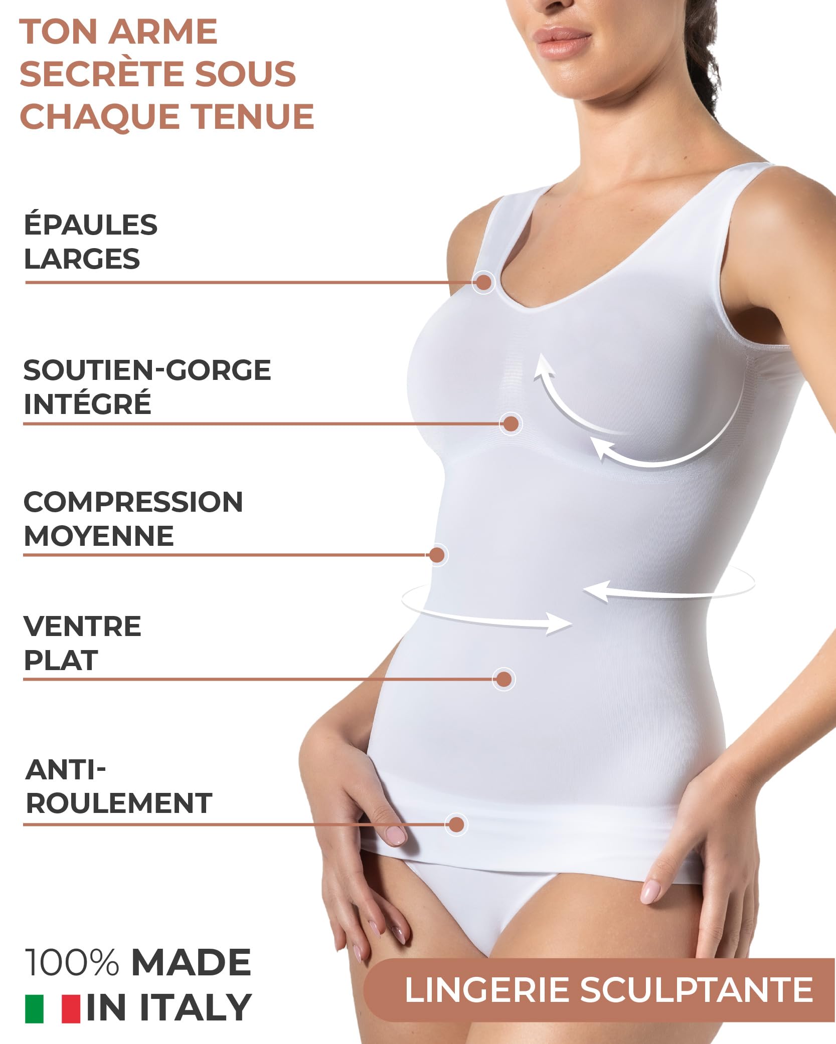 Risalti Débardeur Femme Galbant Et Modelant - Top Femme Bretelle Large, Débardeur Microfibe Sans Couture, Plus Doux En Coton - Made In Italy