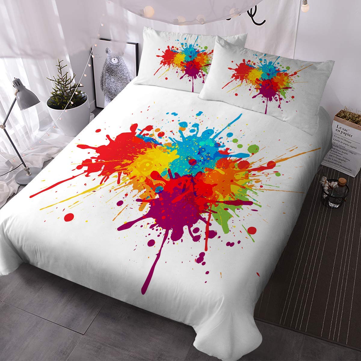 BlessLiving Bright Colorful Rainbow Bedding Set 3 Pieces Girls Paint Splatter Abstract White Duvet Cover Pop Art Home Decor Bedroom Set (Single)
