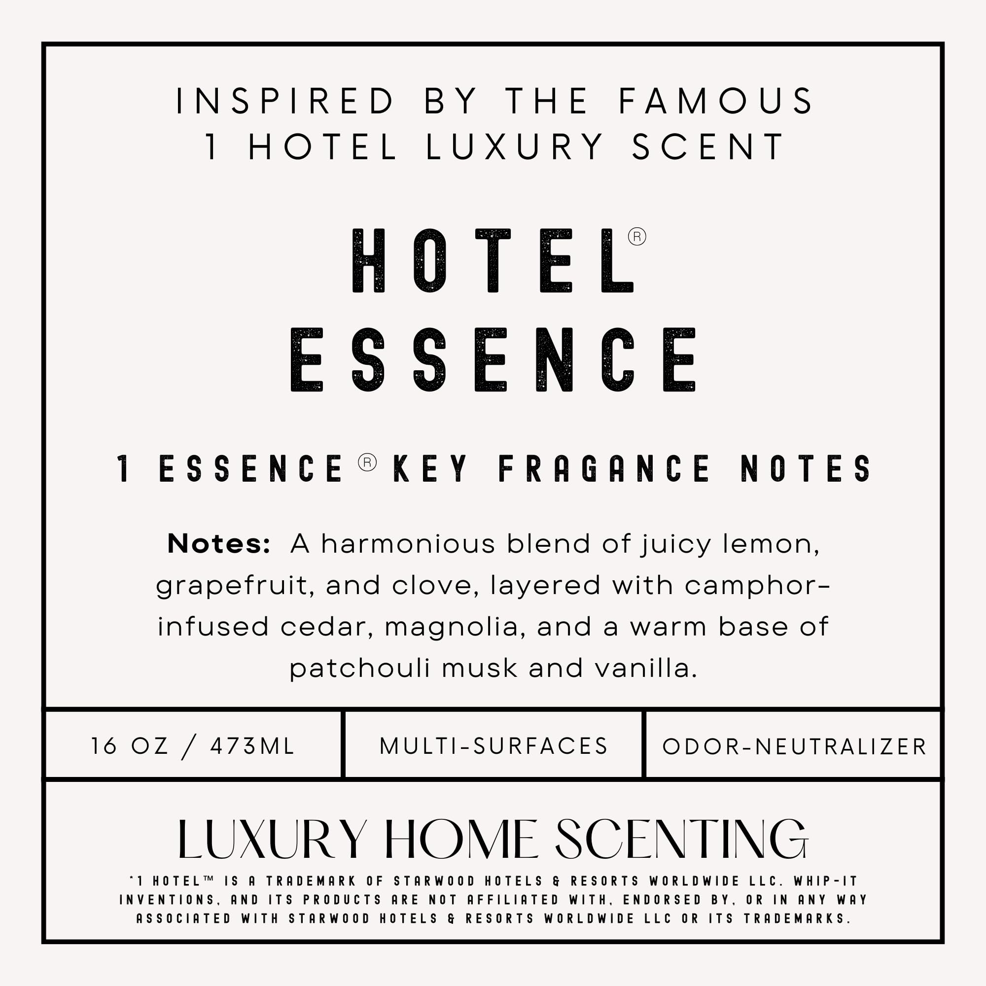 Hotel Essence Cleaner: Limpiador multisuperficie a base de plantas y neutralizador de olores, 16 onzas, cuero, cardamomo, limón, sándalo, cedro, canela, vetiver, ámbar, almizcle, iris, 16 onzas