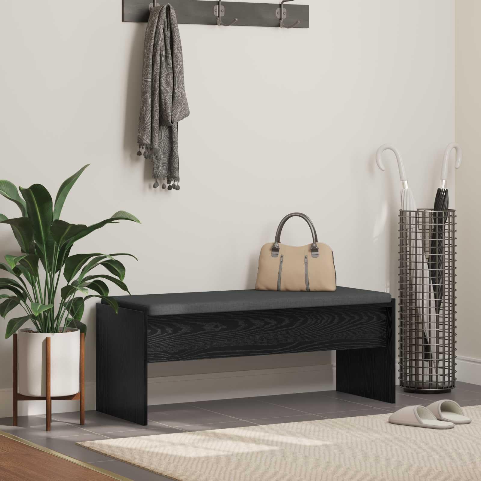 Banc de couloir aspect chêne et coussin noir 103 cm pour optimiser l'aménagement de votre entrée