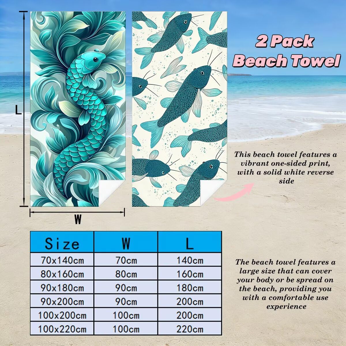 Toalla Playa 100x220 cm, Toalla Gimnasio Microfibra Secado Rapido, Juego de 2 Antiarena Toallas de Playa, Ligera Compacta Toallas Microfibra Grande para Viaje, Regalo Hombre Regalo Mujer (Pez) -5143