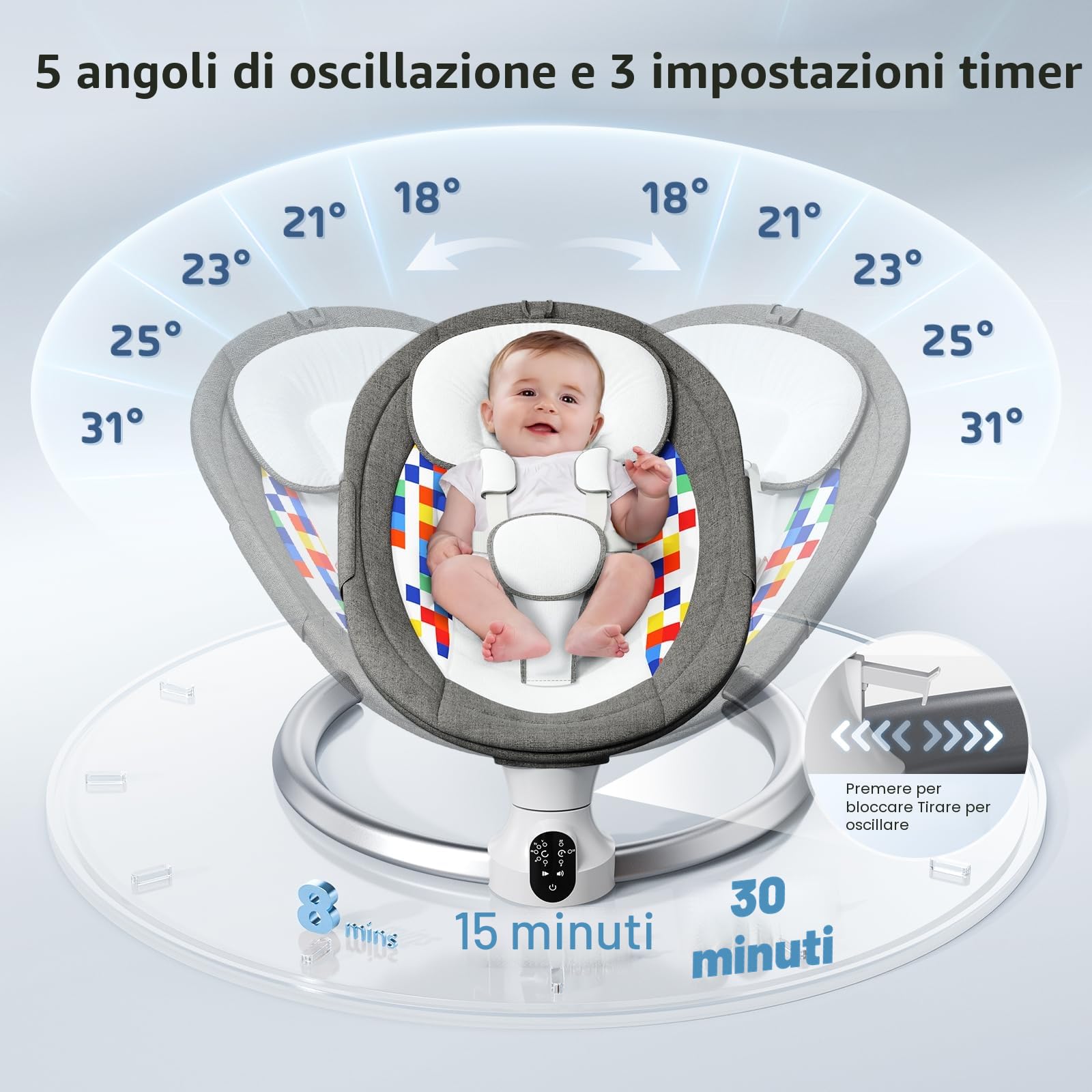 Operazione APP Sdraietta Neonati,Imbracatura a 5-Punti Migliorata Altalena Neonato Elettrica con 3 Timer,5 Velocità di Altalena,10 Musiche, Sdraietta Neonati Bluetooth Imbottita Morbida 0-9kg