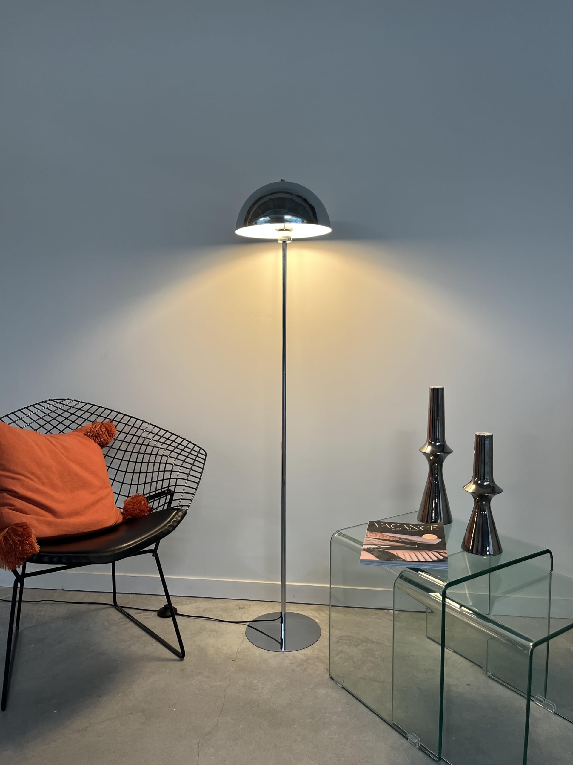 Corep Lampadaire design rétro métal chrome silver ICONE H150cm, avec abat-jour champignon.