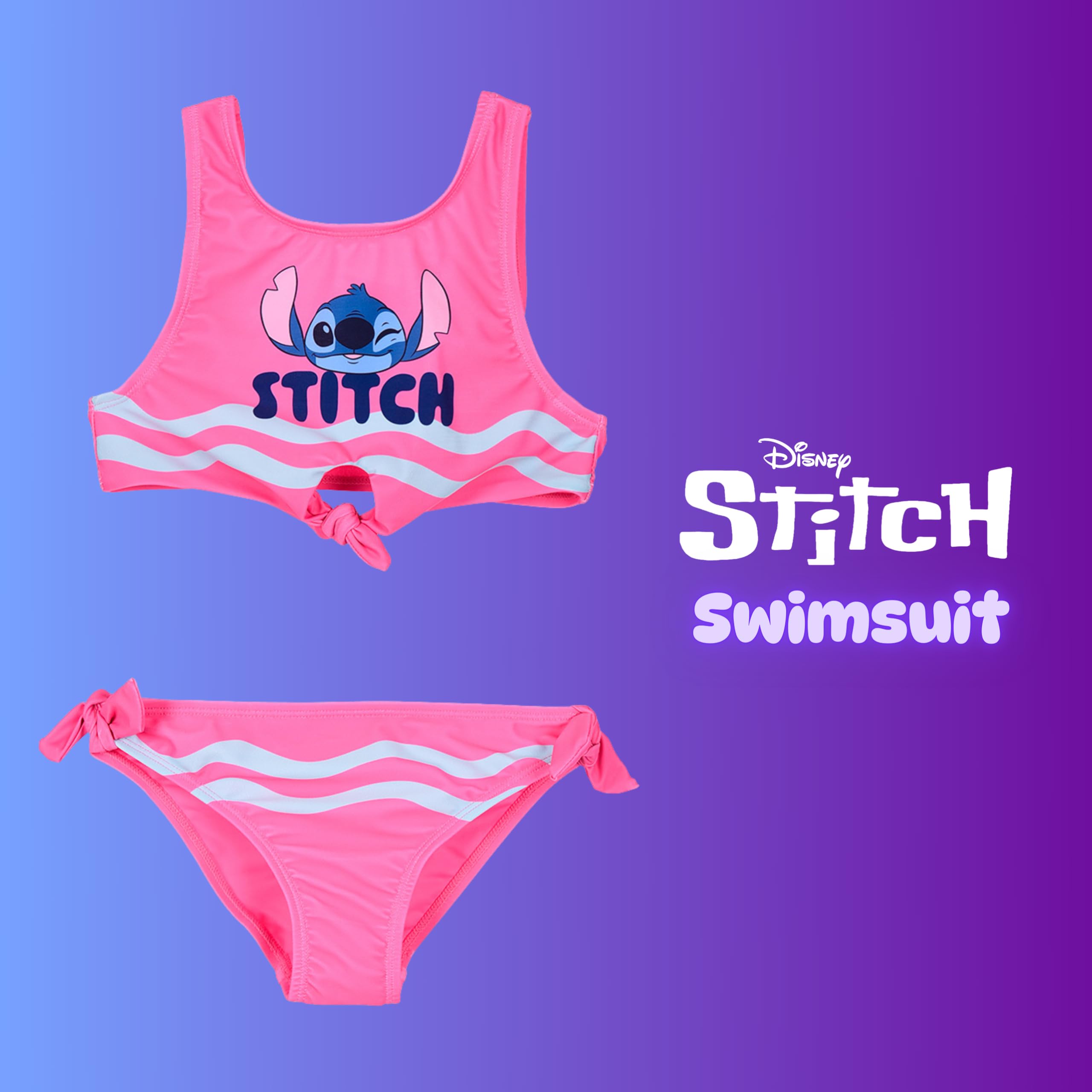 Disney Stitch Bikini para Niña, Diseño Lazos Bañador de Dos Piezas Verano Infantil, Tallas 6 a 12 Años