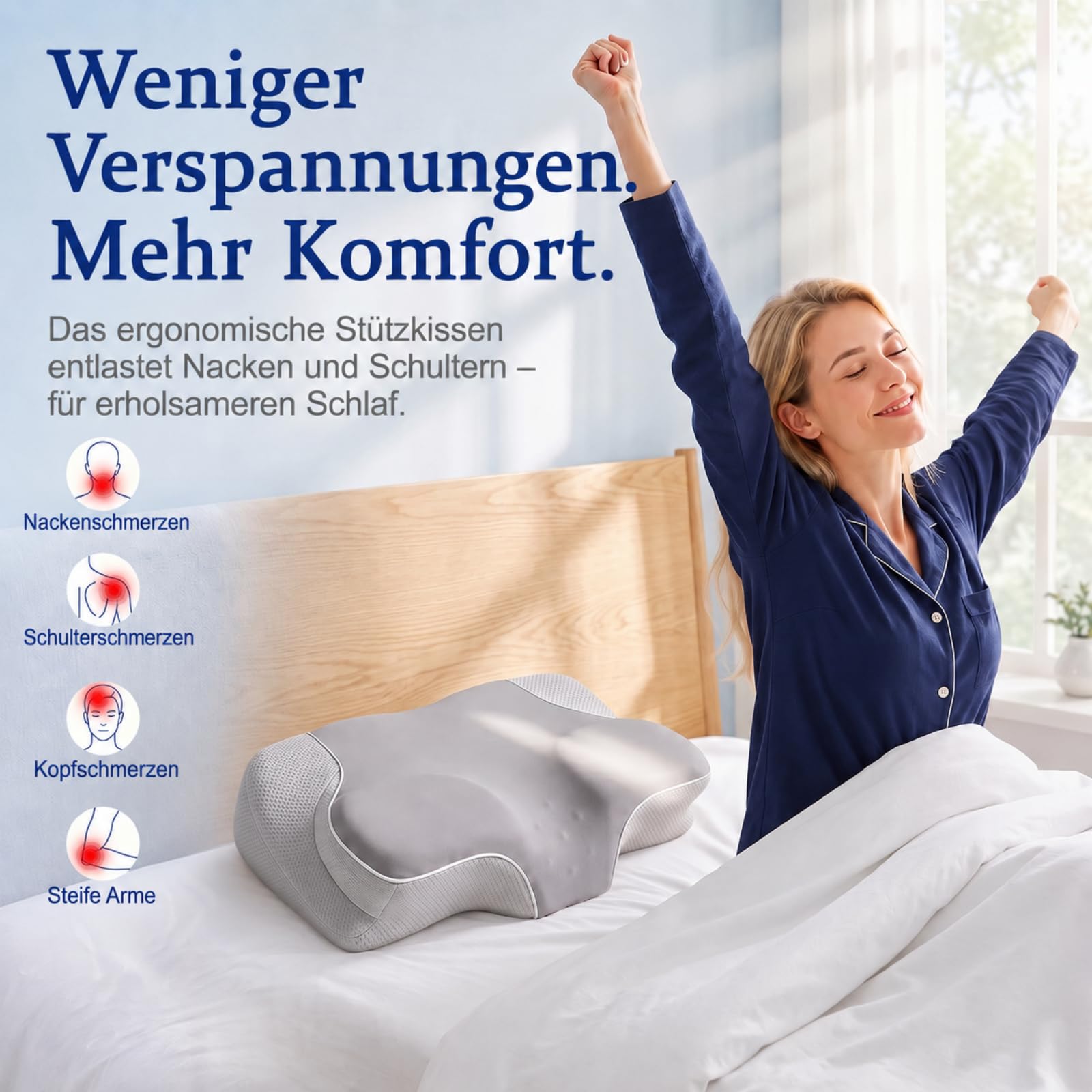 Nackenstützkissen Memory Schaum Ergonomisches Kopfkissen für Seitenschläfer Orthopädisches Schlafkissen zur Nackenentlastung mit 2 Höhen & atmungsaktivem Öko-Tex Bezug