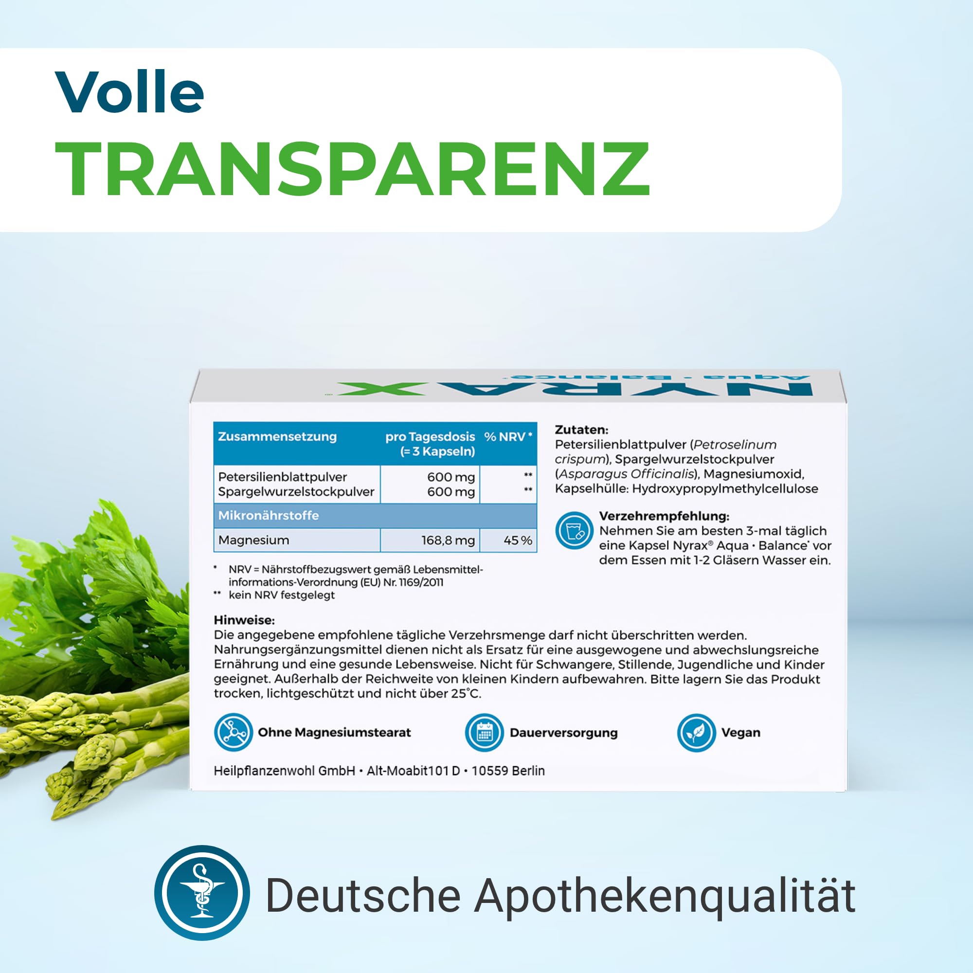 Aqua Balance – Ideal für Entwässerungskuren | Magnesium trägt zum Elektrolytgleichgewicht bei · Mit Petersilie & Spargel · Vegan · Ohne künstliche Zusätze