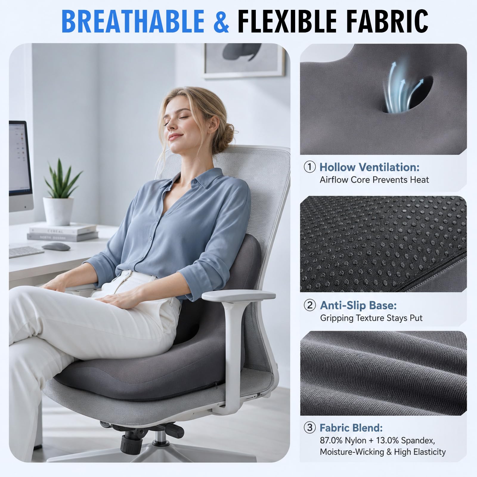 Cojín ortopédico con respaldo, cojín ergonómico de espuma viscoelástica, cojín de asiento con cavidad de coxis para silla de oficina y coche con soporte lumbar, cojín para silla de asiento largo