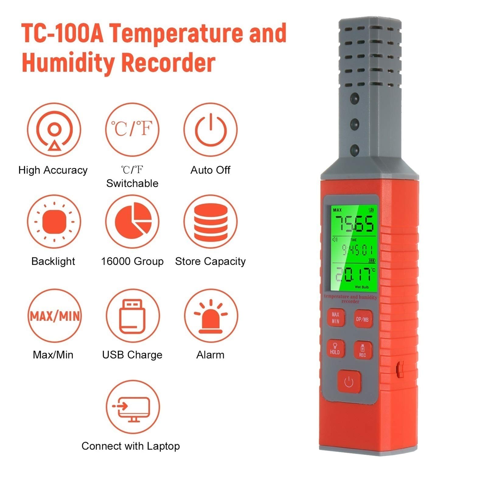 Thermomètre Hygromètre Enregistreur de température et d'humidité Prise en charge de la surveillance de l'ordinateur en temps réel Hygromètre de thermomètre commutable Backlit LCD Thermomètres Hygromèt