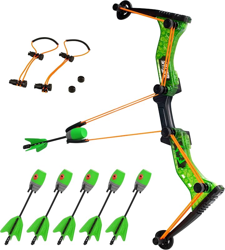 Paquete de arquero Zing HyperStrike, 1 arco verde transparente, 6 flechas de silbato Zonic verdes y 1 juego de bungee naranja, dispara flechas de hasta 250 pies