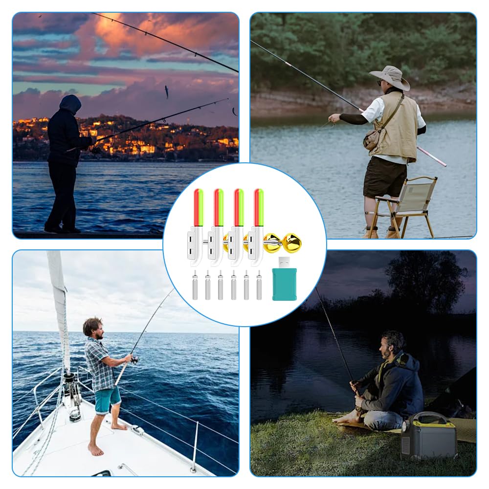 Set di 4 luci a LED per la pesca, indicatore di abboccato da pesca, con fibbia, campanello di allarme di pesca, barre luminose a LED, con caricatore e batteria per la pesca all'aperto