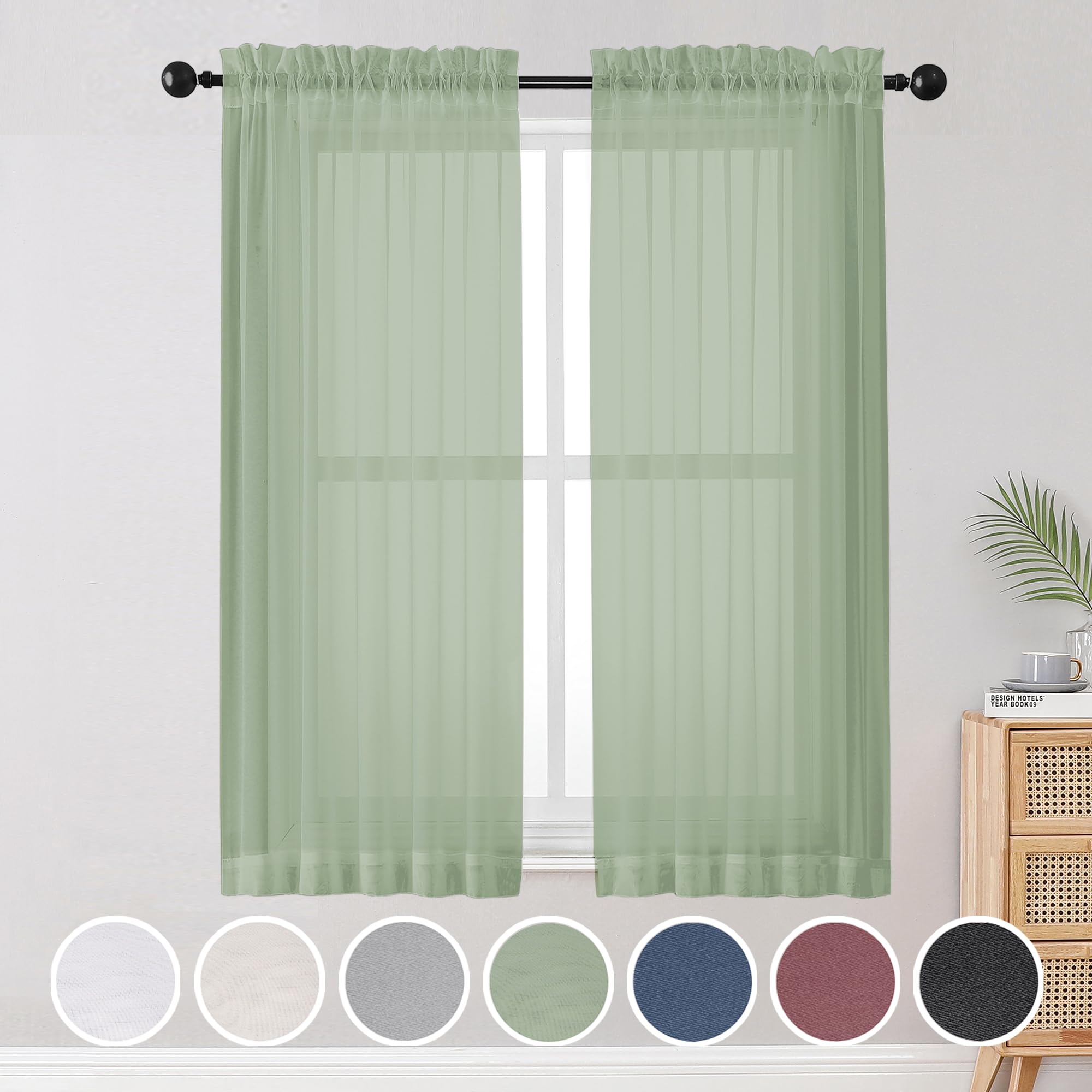 Sheer Curtains, Sage Green Sheer Curtains 63 inch Length 2 Panels Set, Rod Pocket Voile Fimly Sheer Drapes for Living Room/Bedroom, 2pcs, Each 42" W x 63" L