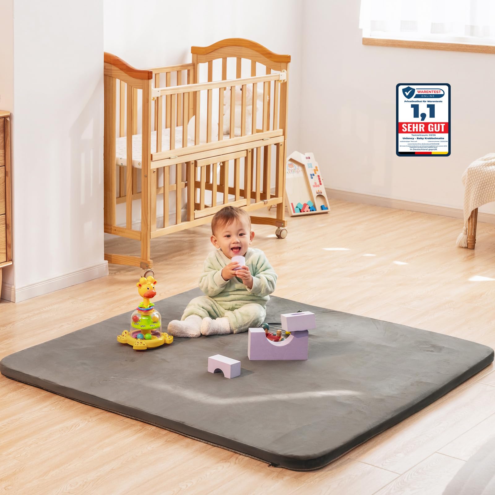 Uniency Krabbelmatte Baby,180x200x3cm Dicke Schaum Matte Weich Gepolstert Spielmatte Baby,Krabbeldecke mit Waschbarer Abnehmbarem Überzug für Babys,Kleinkinder und Säuglinge Teppich Kinderzimmer(Grau)